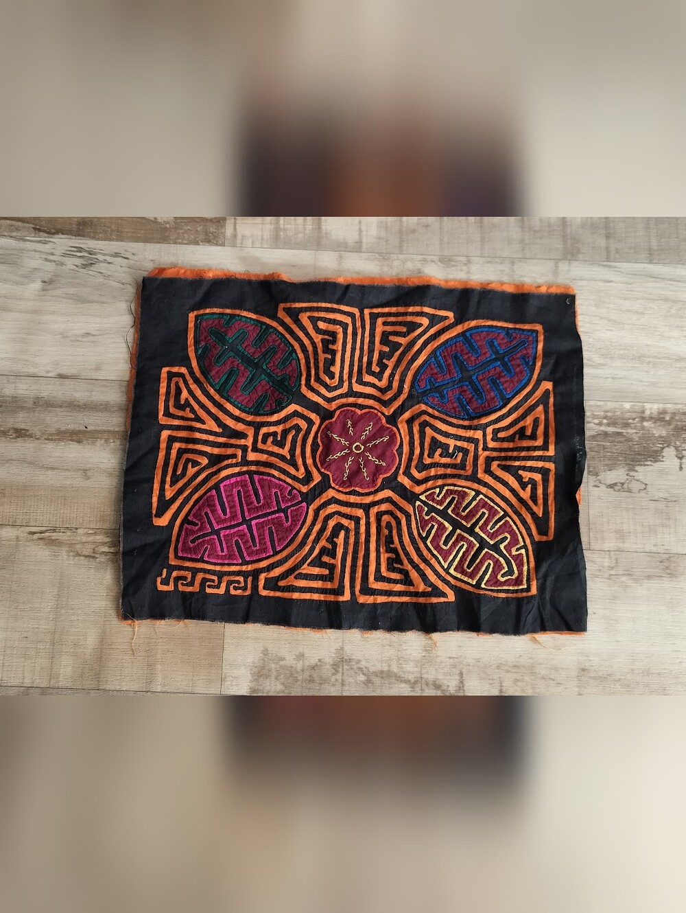 Mola Handmade Embroidered Textile Wall Panel in Black, Orange, Multicolor